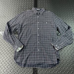 Express Dress Shirt Mens Large Navy Check Plaid Button Down Long Sleeve Fitted